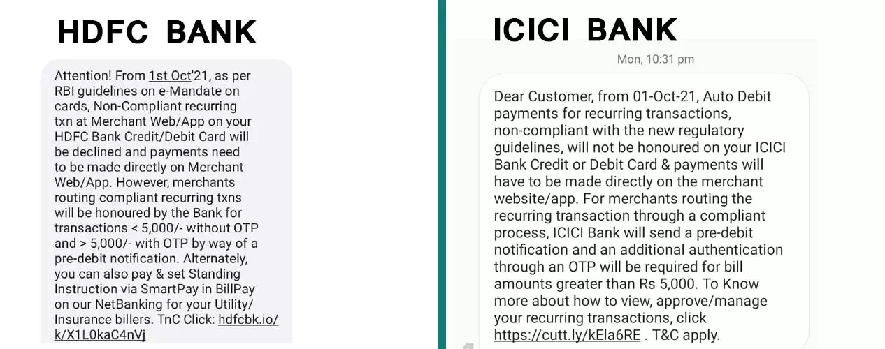 Messages from ICICI Bank and HDFC Bank to customers