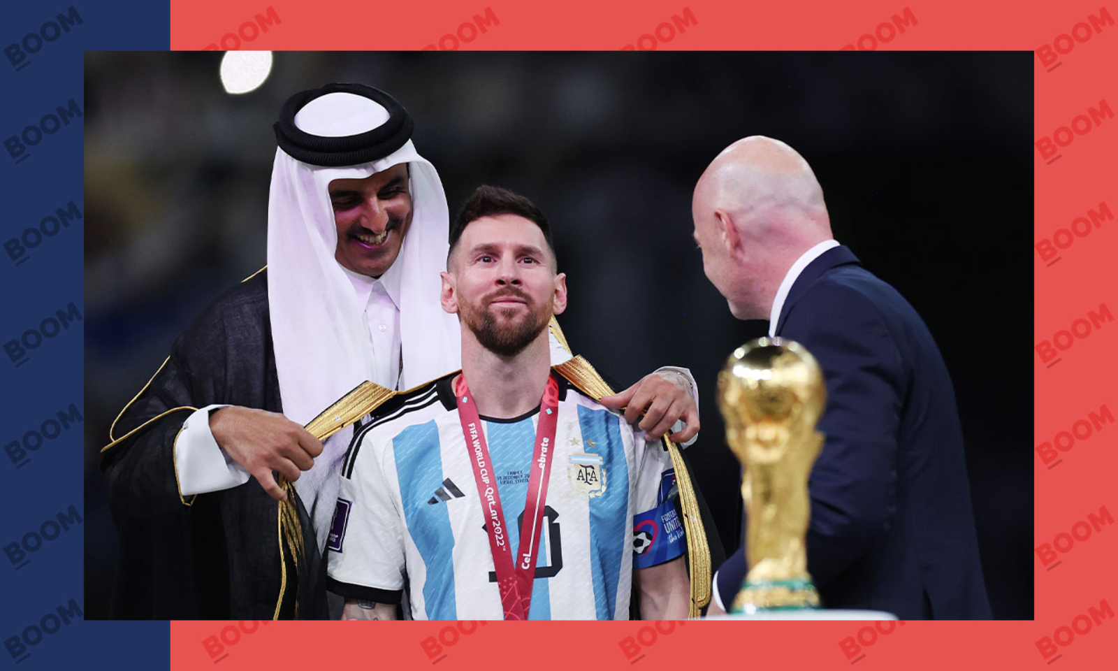 Lionel Messi being made to wear a 'bisht' during FIFA world cup