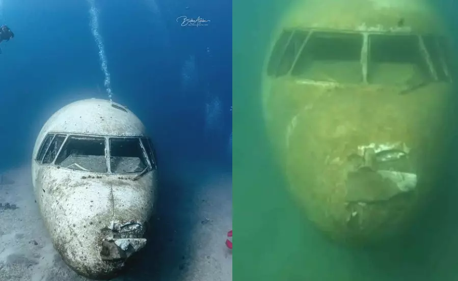 Comparison of the aircraft seen in the images of the Tristar wreckage (left), and the one seen in the viral photo (right)