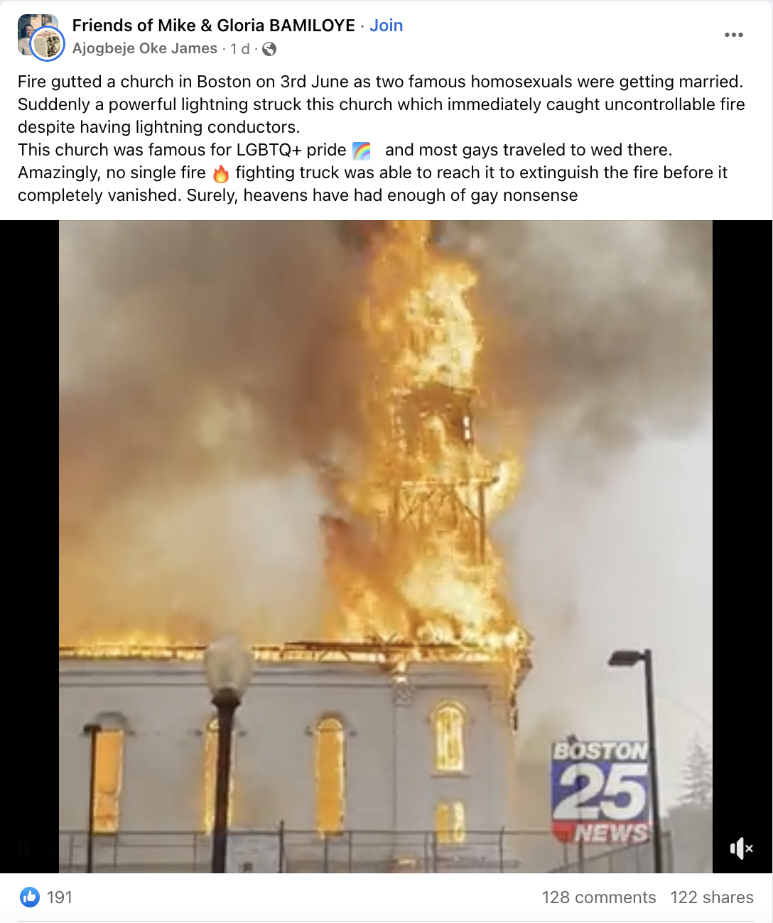 Social Media Posts Linking Massachusetts Church Fire To Gay Wedding Are  False | BOOM